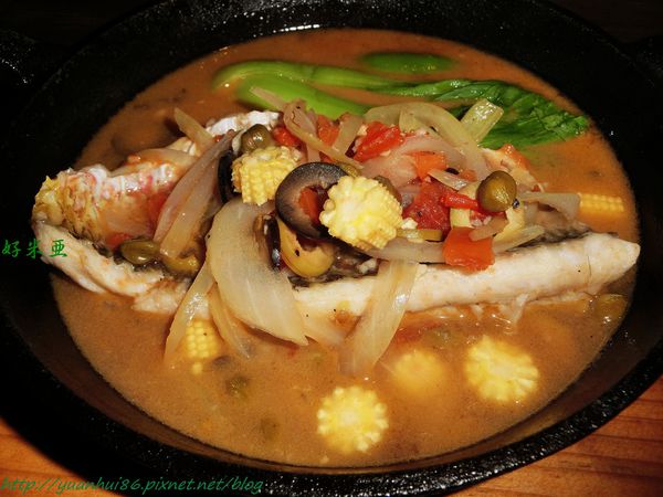 『好米亞』之「白酒清燉深海青衣魚佐綜合蔬食」、「清炒香蒜西芹蘭花蚌細扁麵」～