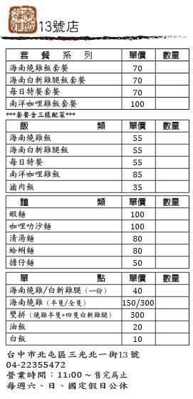 台中北屯 海南雞飯13號店鋪，鄰近太原車站與三光國中的低調店家