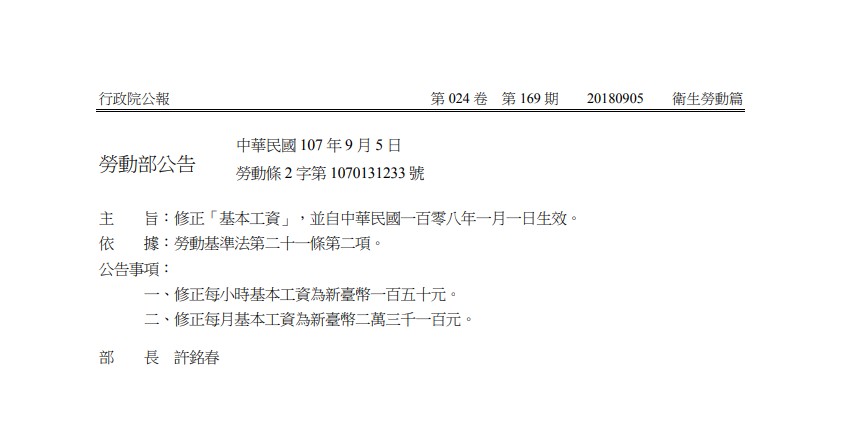 基本工資調漲　勞動部正式公告-時事分享
