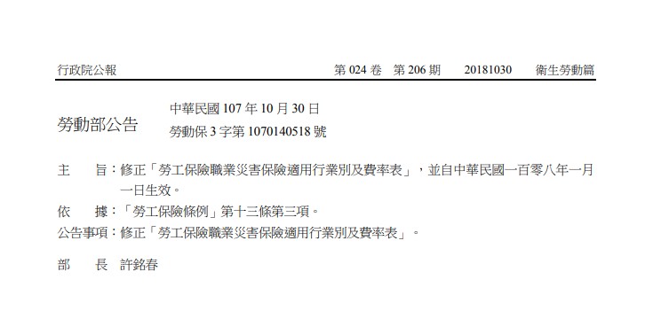 修正「勞工保險職業災害保險適用行業別及費率表」-時事分享